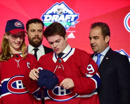 (EDITORS NOTE: caption correction) Jun 21, 2019; Vancouver, BC, Canada; Cole Caufield after being selected as the number fifteen overall pick to the Montreal Canadiens in the first round of the 2019 NHL Draft at Rogers Arena. Mandatory Credit: Anne-Marie Sorvin-USA TODAY Sports