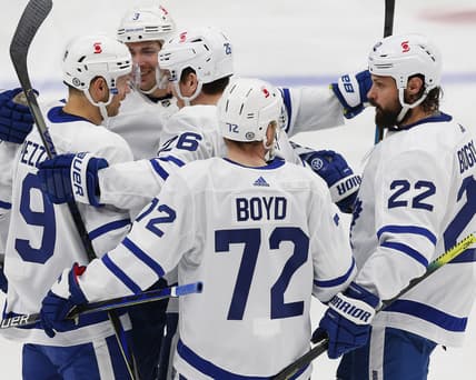 Mar 3, 2021; Edmonton, Alberta, CAN; The Toronto Maple Leafs celebrate a second period  goal by forward Jimmy Vesey (26) against the Edmonton Oilers at Rogers Place. Mandatory Credit: Perry Nelson-USA TODAY Sports