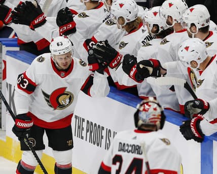 Mar 8, 2021; Edmonton, Alberta, CAN; Ottawa Senators forward Evgenii Dadonov (63) celebrates a first period goal against there Edmonton Oilers at Rogers Place. Mandatory Credit: Perry Nelson-USA TODAY Sports