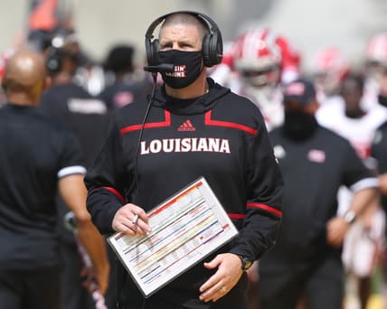 Sep 12, 2020; Ames, Iowa, USA; Louisiana-Lafayette Ragin Cajuns head coach Billy Napier watches his team play against the Iowa State Cyclones at Jack Trice Stadium. The Ragin Cajuns beat the Cyclones 31 to 14.   Mandatory Credit: Reese Strickland-USA TODAY Sports