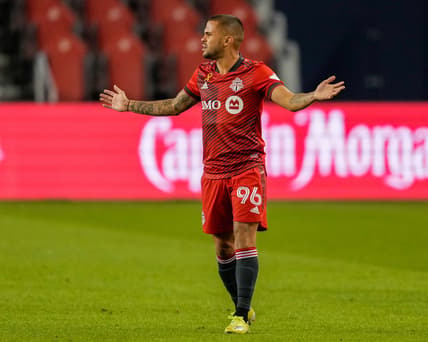 Sep 29, 2021; Toronto, Ontario, CAN; Toronto FC defender Auro (96) reacts to a call against FC Cincinnati at BMO Field. Mandatory Credit: Kevin Sousa-USA TODAY Sports