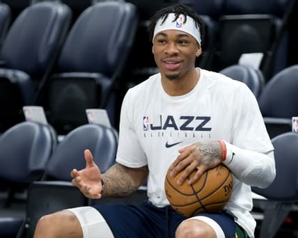 Feb 28, 2020; Salt Lake City, Utah, USA; Utah Jazz guard Rayjon Tucker (6) prior to a game against the Washington Wizards at Vivint Smart Home Arena. Mandatory Credit: Russell Isabella-USA TODAY Sports