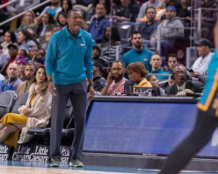 Oct 28, 2022; Detroit, Michigan, USA; Detroit Pistons head coach Dwane Casey yells a play from the sidelines against the Atlanta Hawks during the first half at Little Caesars Arena. Mandatory Credit: David Reginek-USA TODAY Sports