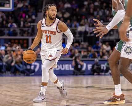 Nov 29, 2022; Detroit, Michigan, USA; New York Knicks guard Jalen Brunson (11) moves the ball up court against the Detroit Pistons during the second quarter at Little Caesars Arena. Mandatory Credit: David Reginek-USA TODAY Sports