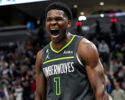 Jan 21, 2023; Minneapolis, Minnesota, USA; Minnesota Timberwolves guard Anthony Edwards (1) celebrates during the fourth quarter against the Houston Rockets at Target Center. Mandatory Credit: Brace Hemmelgarn-USA TODAY Sports