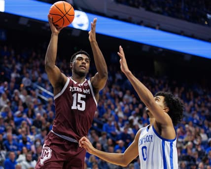 Jan 21, 2023; Lexington, Kentucky, USA; Texas A&M Aggies forward Henry Coleman III (15) shoots the ball during the first half against the Kentucky Wildcats at Rupp Arena at Central Bank Center. Mandatory Credit: Jordan Prather-USA TODAY Sports
