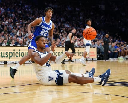 Feb 11, 2023; Philadelphia, Pennsylvania, USA; Villanova Wildcats forward Eric Dixon (43) passes the ball against the Seton Hall Pirates during the first half at Wells Fargo Center. Mandatory Credit: Gregory Fisher-USA TODAY Sports