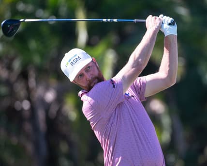 Chris Kirk tees off from the eighth tee during the third round of the Honda Classic at PGA National Resort & Spa on Saturday, February 25, 2023, in Palm Beach Gardens, FL.