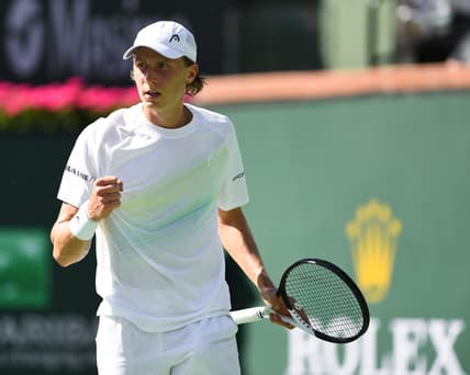 Mar 12, 2023; Indian Wells, CA, USA; Emil Ruusuvuori (FIN) celebrates after winning a point during his third round match against Alexander Zverev (GER) during the BNP Paribas Open at Indian Wells Tennis Garden. Mandatory Credit: Jonathan Hui-USA TODAY Sports