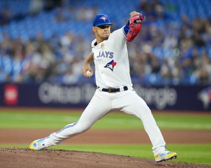 Sep 15, 2023; Toronto, Ontario, CAN; Toronto Blue Jays starting pitcher Jose Berrios (17) pitches to the Boston Red Sox during the first inning at Rogers Centre. Mandatory Credit: Kevin Sousa-USA TODAY Sports