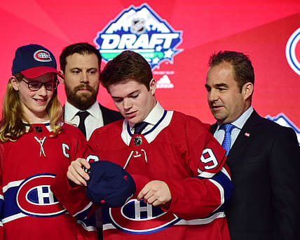 (EDITORS NOTE: caption correction) Jun 21, 2019; Vancouver, BC, Canada; Cole Caufield after being selected as the number fifteen overall pick to the Montreal Canadiens in the first round of the 2019 NHL Draft at Rogers Arena. Mandatory Credit: Anne-Marie Sorvin-USA TODAY Sports