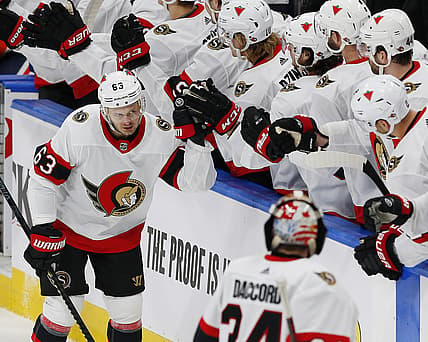 Mar 8, 2021; Edmonton, Alberta, CAN; Ottawa Senators forward Evgenii Dadonov (63) celebrates a first period goal against there Edmonton Oilers at Rogers Place. Mandatory Credit: Perry Nelson-USA TODAY Sports