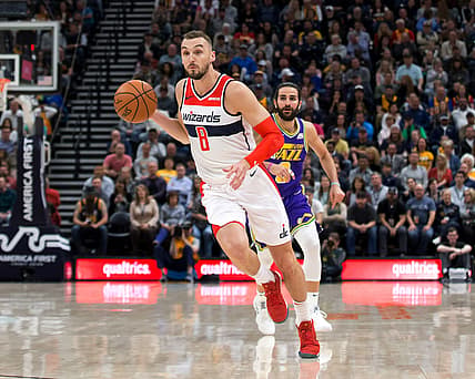 Mar 29, 2019; Salt Lake City, UT, USA; Washington Wizards forward Sam Dekker (8) dribbles the ball ahead of Utah Jazz guard Ricky Rubio (3) during the first half at Vivint Smart Home Arena. Mandatory Credit: Russ Isabella-USA TODAY Sports