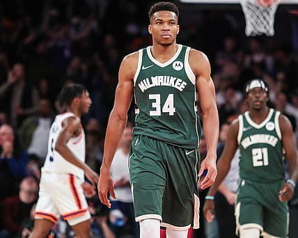 Nov 10, 2021; New York, New York, USA; Milwaukee Bucks forward Giannis Antetokounmpo (34) at Madison Square Garden. Mandatory Credit: Wendell Cruz-USA TODAY Sports