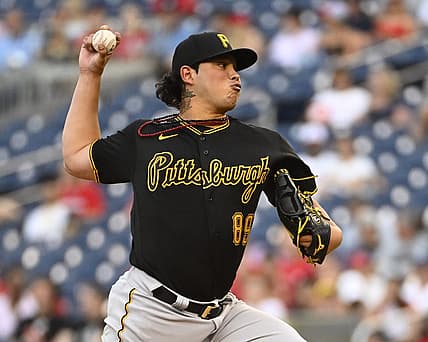 Jun 27, 2022; Washington, District of Columbia, USA; Pittsburgh Pirates starting pitcher Miguel Yajure (89) throws to the Washington Nationals during the second inning at Nationals Park. Mandatory Credit: Brad Mills-USA TODAY Sports