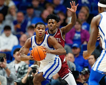 Nov 17, 2022; Lexington, Kentucky, USA; Kentucky Wildcats guard Sahvir Wheeler (2) looks to pass the ball during the first half against the South Carolina State Bulldogs at Rupp Arena at Central Bank Center. Mandatory Credit: Jordan Prather-USA TODAY Sports