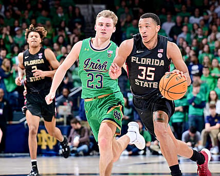 Jan 17, 2023; South Bend, Indiana, USA; Florida State Seminoles guard Matthew Cleveland (35) dribbles as Notre Dame Fighting Irish guard Dane Goodwin (23) defends in the first half at the Purcell Pavilion. Mandatory Credit: Matt Cashore-USA TODAY Sports