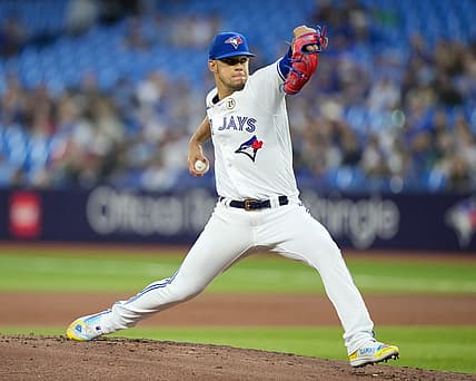 Sep 15, 2023; Toronto, Ontario, CAN; Toronto Blue Jays starting pitcher Jose Berrios (17) pitches to the Boston Red Sox during the first inning at Rogers Centre. Mandatory Credit: Kevin Sousa-USA TODAY Sports