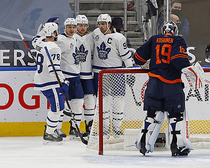 Jan 28, 2021; Edmonton, Alberta, CAN; Toronto Maple Leafs forward William Nylander (88) celebrate a first period goal against the Edmonton Oilers at Rogers Place. Mandatory Credit: Perry Nelson-USA TODAY Sports