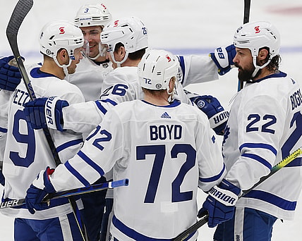 Mar 3, 2021; Edmonton, Alberta, CAN; The Toronto Maple Leafs celebrate a second period  goal by forward Jimmy Vesey (26) against the Edmonton Oilers at Rogers Place. Mandatory Credit: Perry Nelson-USA TODAY Sports