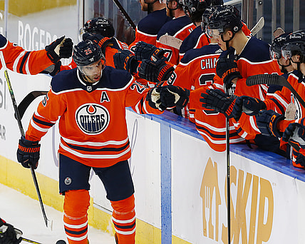 Mar 12, 2021; Edmonton, Alberta, CAN; Edmonton Oilers defensemen Darnell Nurse (25) celebrates a second period goal against the Ottawa Senators at Rogers Place. Mandatory Credit: Perry Nelson-USA TODAY Sports