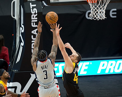 Apr 12, 2021; Salt Lake City, Utah, USA; Washington Wizards guard Bradley Beal (3) shoots the ball against Utah Jazz forward Bojan Bogdanovic (44) during the first half at Vivint Smart Home Arena. Mandatory Credit: Russell Isabella-USA TODAY Sports