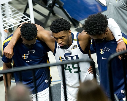 Apr 16, 2021; Salt Lake City, Utah, USA; Utah Jazz guard Donovan Mitchell (45) is helped off the court after suffering an apparent injury during the second half against the Indiana Pacers at Vivint Smart Home Arena. Mandatory Credit: Russell Isabella-USA TODAY Sports
