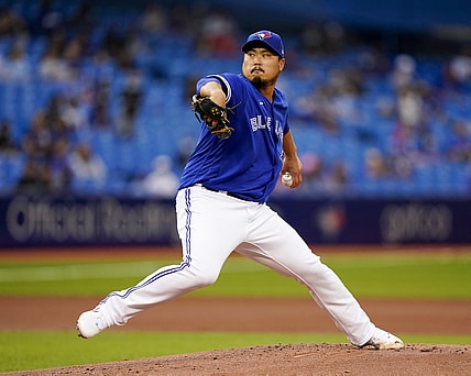 Aug 31, 2021; Toronto, Ontario, CAN; Toronto Blue Jays starting pitcher Hyun Jin Ryu (99) pitches against the Baltimore Orioles during the first inning at Rogers Centre. Mandatory Credit: Kevin Sousa-USA TODAY Sports