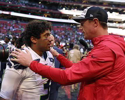 Oct 27, 2019; Atlanta, GA, USA; Seattle Seahawks quarterback Russell Wilson (3) talks with Atlanta Falcons quarterback Matt Ryan (right) after a game at Mercedes-Benz Stadium. Mandatory Credit: Jason Getz-USA TODAY Sports