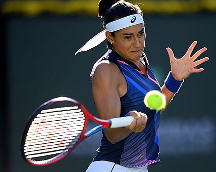 Oct 9, 2021; Indian Wells, CA, USA;  Caroline Garcia (FRA) hits a shot during her second round match against Cori  Coco  Gauff (USA) in the BNP Paribas Open at the Indian Wells Tennis Garden. Mandatory Credit: Jayne Kamin-Oncea-USA TODAY Sports