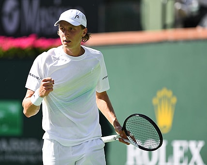 Mar 12, 2023; Indian Wells, CA, USA; Emil Ruusuvuori (FIN) celebrates after winning a point during his third round match against Alexander Zverev (GER) during the BNP Paribas Open at Indian Wells Tennis Garden. Mandatory Credit: Jonathan Hui-USA TODAY Sports