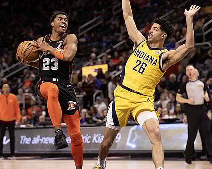 Mar 20, 2024; Detroit, Michigan, USA; Detroit Pistons guard Jaden Ivey (23) drives to the basket next to Indiana Pacers guard Ben Sheppard (26) in the first half at Little Caesars Arena. Mandatory Credit: David Reginek-USA TODAY Sports