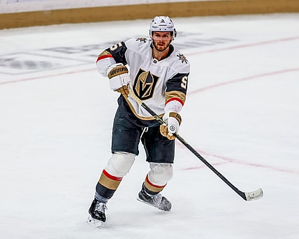 SUNRISE, FL - OCTOBER 25: Vegas Golden Knights defenseman Jeremy Lauzon (5) looks on in the first period during the game between the Golden Knights and the Florida Panthers on Saturday, October 25, 2025 at Amerant Bank Arena in Sunrise, FL.(Photo by Chris Arjoon/Icon Sportswire)