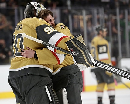 Robin Lehner and Logan Thompson (Photo- Vegas Golden Knights via Twitter)