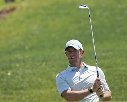 May 17, 2021; Kiawah Island, South Carolina, USA; Rory Mcilroy watches a chip shot during a practice round for the PGA Championship golf tournament at Ocean Course at Kiawah Island Resort. Mandatory Credit: David Yeazell-USA TODAY Sports