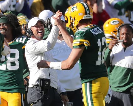 Green Bay Packers quarterback Aaron Rodgers (12) celebrates his 74 yard touchdown pass to Marquez Valdes-Scantling with Green Bay Packers head coach Matt LaFleur during the 4th quarter of the Green Bay Packers 42-24 win over the Oakland Raiders at Lambeau Field in Green Bay on Sunday, Oct. 20, 2019. Photo by Mike De Sisti/Milwaukee Journal Sentinel
Packers21 4373