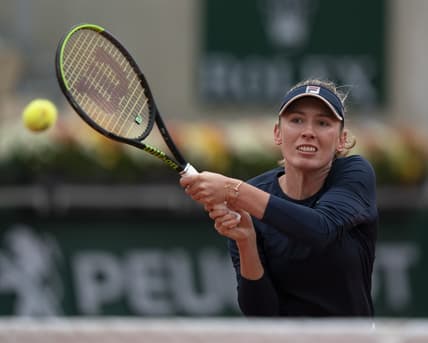Oct 2, 2020; Paris, France; Ekaterina Alexandrova (RUS) in action during her match against Elina Svitolina (UKR) on day six at Stade Roland Garros. Mandatory Credit: Susan Mullane-USA TODAY Sports