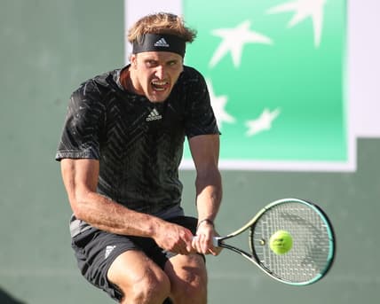Alexander Zverev hits a shot against Taylor Fritz during their quarterfinal match at the BNP Paribas Open in Indian Wells, October 15, 2021.

Bnp Friday 19