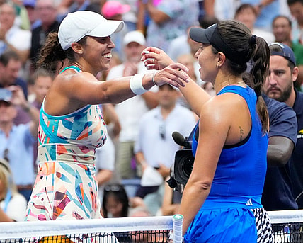 Sept 4, 2023; Flushing, NY, USA; Madison Keys of the USA (left) after beating Jessica Pegula of the USA on day eight of the 2023 U.S. Open tennis tournament at USTA Billie Jean King National Tennis Center. Mandatory Credit: Robert Deutsch-USA TODAY Sports