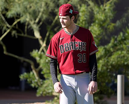 Feb 21, 2022; Scottsdale, Ariz., U.S.;  Diamondbacks minor league pitcher Ryne Nelson prepares during a select training camp for minor-league players not covered by the Players Association at Salt River Fields. MLB continues to be in a lockout after the expiration of the collective bargaining agreement Dec. 2. Mandatory Credit: Michael Chow-Arizona Republic

Baseball Diamondbacks Select Minor League Camp