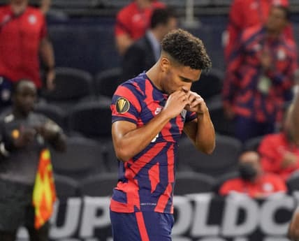 Jul 15, 2021; Kansas City, Kansas, USA; United States forward Nicholas Gioacchini (8) celebrates after scoring against Martinique during CONCACAF Gold Cup Soccer group stage play at Children's Mercy Park. Mandatory Credit: Denny Medley-USA TODAY Sports