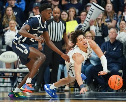 Feb 10, 2023; Indianapolis, Indiana, USA;  Xavier Musketeers guard Colby Jones (3) is fouled by Butler Bulldogs guard Ali Ali (24) during the first half at Hinkle Fieldhouse. Mandatory Credit: Robert Goddin-USA TODAY Sports