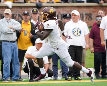 Sep 4, 2021; Columbia, Missouri, USA; Central Michigan Chippewas running back Lew Nichols III (7) runs the ball against the Missouri Tigers during the game at Faurot Field at Memorial Stadium. Mandatory Credit: Denny Medley-USA TODAY Sports