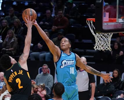 Feb 17, 2023; Salt Lake City, UT, USA;  Team Jason player Scottie Pippen Jr. (2) shoots against Team Joakim forward Jeremy Sochan (10) in the 2023 NBA All Star Rising Stars Game at Vivint Arena. Mandatory Credit: Kyle Terada-USA TODAY Sports