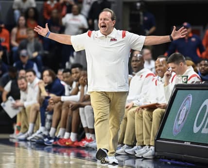 Feb 22, 2023; Auburn, Alabama, USA; Mississippi Rebels head coach Kermit Davis reacts to a play during the second half against the Auburn Tigers at Neville Arena. Mandatory Credit: Julie Bennett-USA TODAY Sports