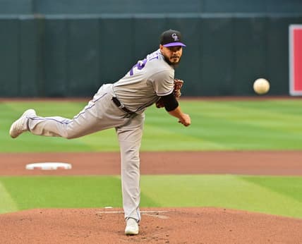 May 31, 2023; Phoenix, Arizona, USA;  Colorado Rockies starting pitcher Dinelson Lamet (32) throws in the first inning against the Arizona Diamondbacks at Chase Field. Mandatory Credit: Matt Kartozian-USA TODAY Sports