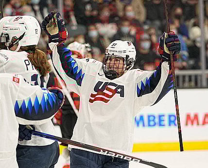 Nov 21, 2021; Kingston, Ontario, CAN; USA forward Abbey Murphy (37) celebrates a win over Canada in overtime of a Rivalry Series women's hockey game at Leon's Centre. Mandatory Credit: John E. Sokolowski-USA TODAY Sports