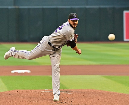 May 31, 2023; Phoenix, Arizona, USA;  Colorado Rockies starting pitcher Dinelson Lamet (32) throws in the first inning against the Arizona Diamondbacks at Chase Field. Mandatory Credit: Matt Kartozian-USA TODAY Sports