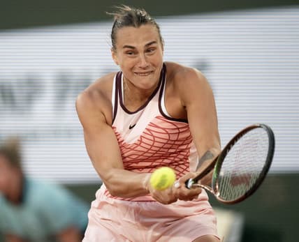 Jun 4, 2023; Paris,France; Aryna Sabalenka returns a shot during her match against Sloane Stephens (USA) on day eight at Stade Roland-Garros. Mandatory Credit: Susan Mullane-USA TODAY Sports