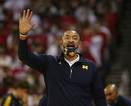 Feb 20, 2022; Madison, Wisconsin, USA; Michigan Wolverines head coach Juwan Howard  directs his team during the game with the Wisconsin Badgers at the Kohl Center. Mandatory Credit: Mary Langenfeld-USA TODAY Sports